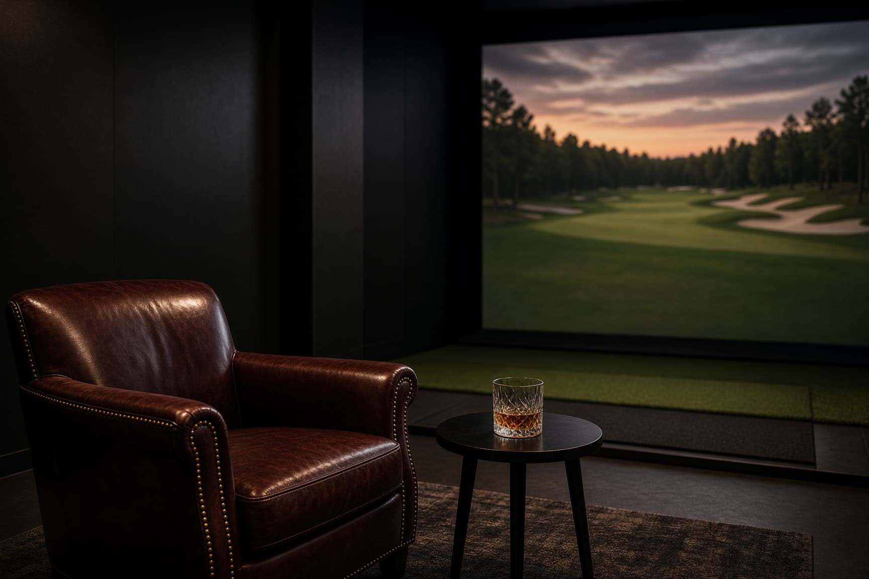 Stand-in photograph of lounge seating beside an indoor golf bay